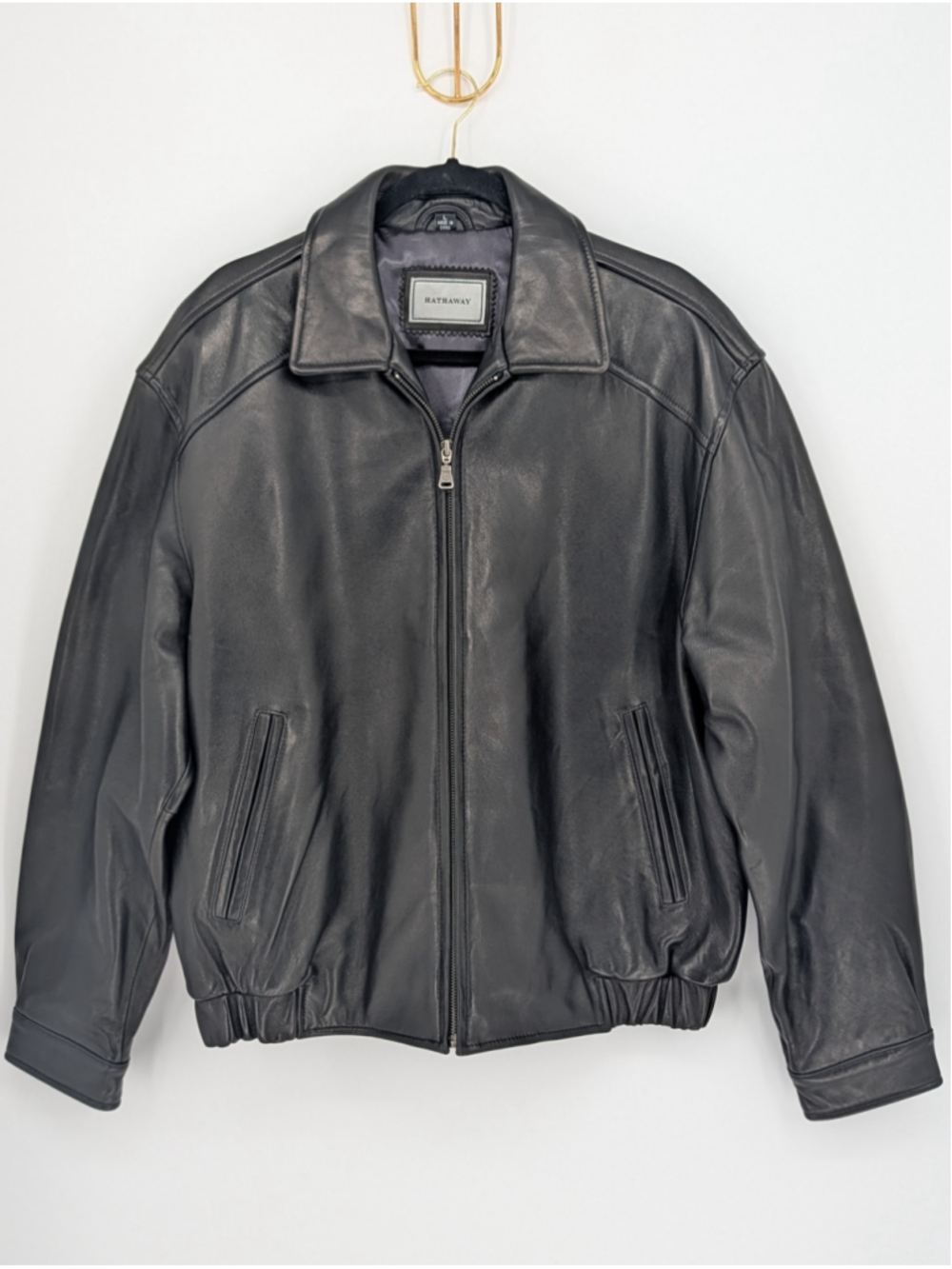 Hathaway Mens L Black 100% Leather Bomber Jacket Soft Vintage Y2K Full Zip